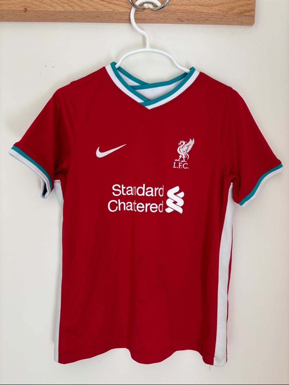 Nike Kids Red Liverpool FC Soccer Jersey with White & Teal Trim